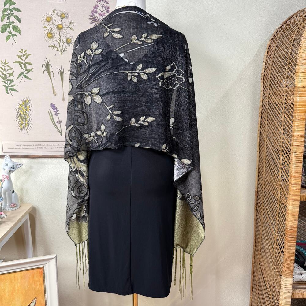 Sheer Floral Fringe Beaded Scarf Wrap Whimsigoth Dark Fairy Witchy Romantic Goth